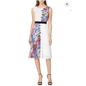 BCBGMaxAzria White Pleated Midi Dress with Multicolor Brushstroke Print